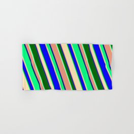 [ Thumbnail: Green, Beige, Dark Salmon, Blue & Dark Green Colored Striped/Lined Pattern Hand & Bath Towel ]