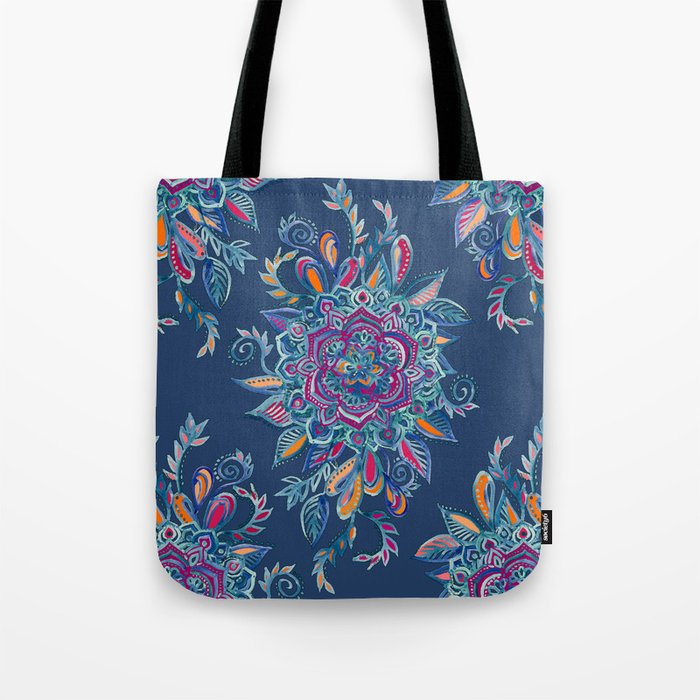 Deep Summer - Watercolor Floral Medallion Tote Bag