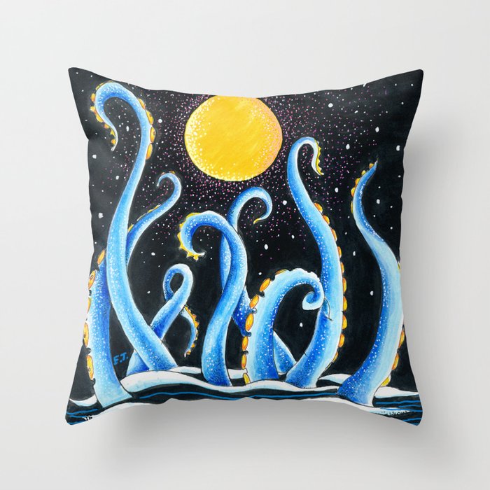 Blue Tentacles Starry Night Moon Throw Pillow