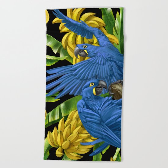Hyacinth Macaws and bananas Stravaganza (black background). Beach Towel