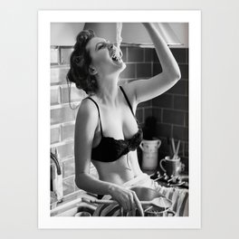 Spaghetti Girl, Black and White Vintage Photograph Art Print