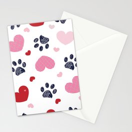 Plaid pink red hearts and doodle paw print Stationery Card