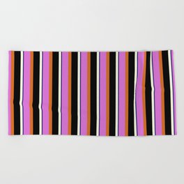 [ Thumbnail: Orchid, Chocolate, Black, Beige & Midnight Blue Colored Lined/Striped Pattern Beach Towel ]