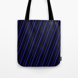 [ Thumbnail: Black & Midnight Blue Colored Striped Pattern Tote Bag ]