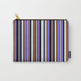 [ Thumbnail: Light Cyan, Brown, Medium Slate Blue & Black Colored Lines Pattern Carry-All Pouch ]