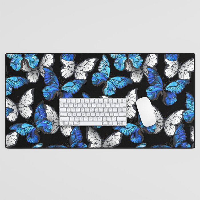 Dark Seamless Pattern with Blue Butterflies Desk Mat