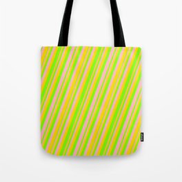 [ Thumbnail: Light Pink, Yellow & Chartreuse Colored Lines Pattern Tote Bag ]