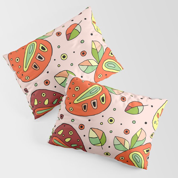 Seamless hand drawn childish pattern with fruits. Cute childlike strawberries with leaves Pillow Sham