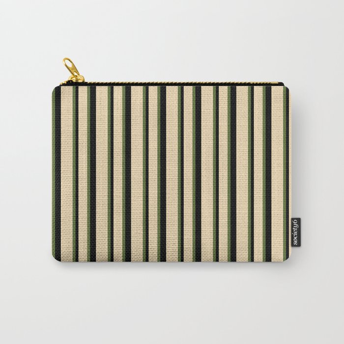Dark Olive Green, Tan & Black Colored Striped Pattern Carry-All Pouch