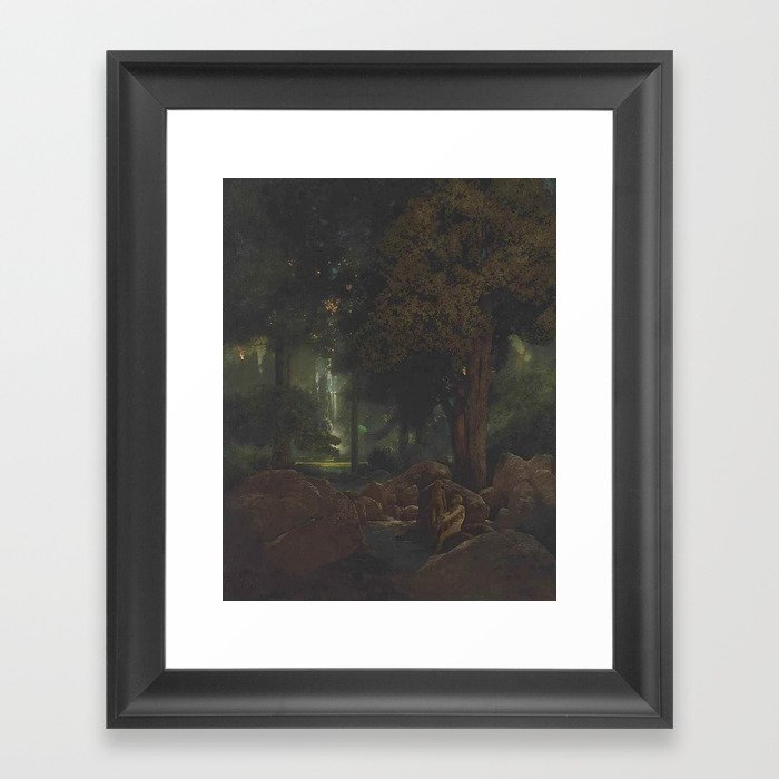 Early Dawn, The Fountain of Pirene forest landscape painting by Maxfield Parrish Framed Art Print