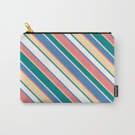 [ Thumbnail: Light Coral, Tan, Teal, White & Blue Colored Striped/Lined Pattern Carry-All Pouch ]
