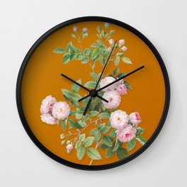Vintage Pink Baby Roses Botanical Illustration on Bright Orange Wall Clock