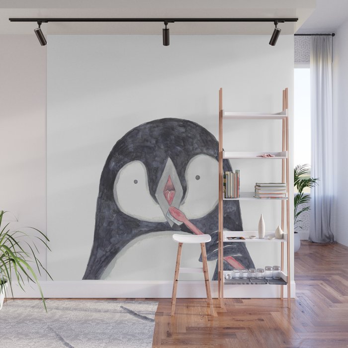 Penguin brushing teeth bath watercolor Wall Mural