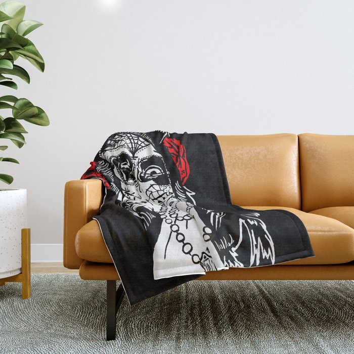 Girl With Sugar Skull Day of the Dead Throw Blanket by Go Art