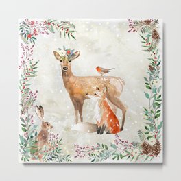 Winter Woodland Friends Metal Print | Woodland, Animal, Nature, Cute, Watercolour, Deer, Hare, Painting, Robin, Character 