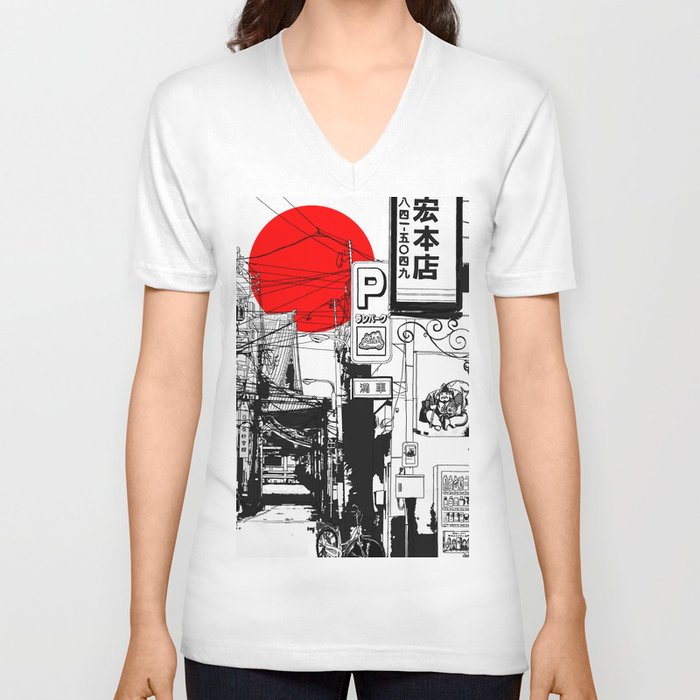 Tokyo street sunrise Unisex V-Ausschnitt | Drawing, Architektur, Illustration, Landscape, Graphic-design, Tokyo, Japan, Rising-sun, Asien, Kyoto