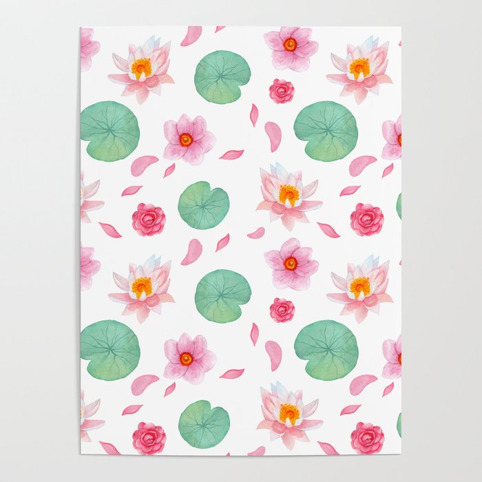 Watercolor blush pink green yellow water lilies lotus floral Poster