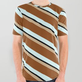 [ Thumbnail: Tan, Brown, Light Cyan, and Black Colored Stripes/Lines Pattern All Over Graphic Tee ]