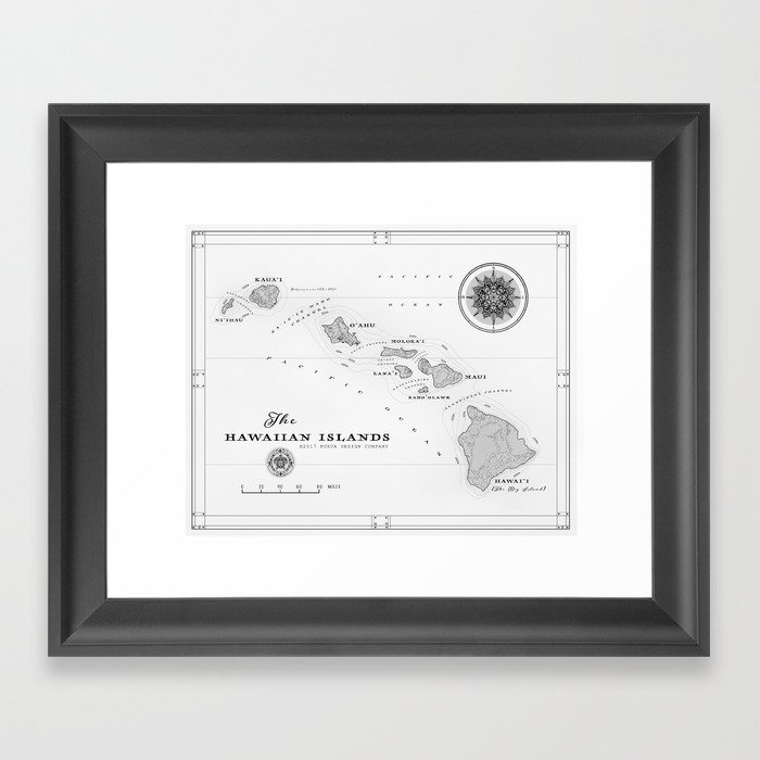 The Hawaiian Islands [Black & White] Map Print Framed Art Print