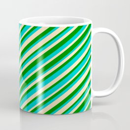 [ Thumbnail: Dark Turquoise, Beige, and Green Colored Striped/Lined Pattern Coffee Mug ]