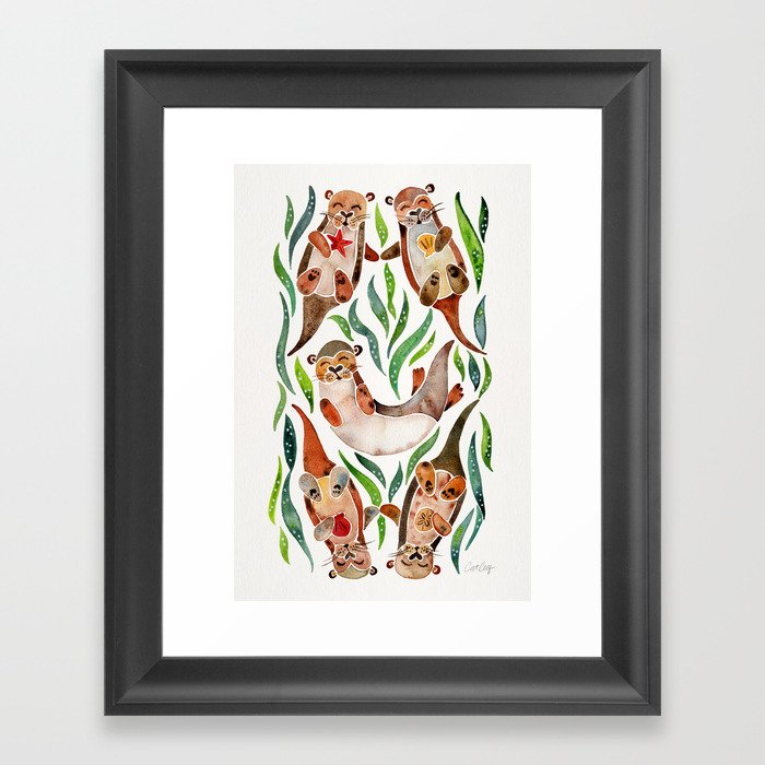 Five Otters – Green Seaweed Framed Art Print