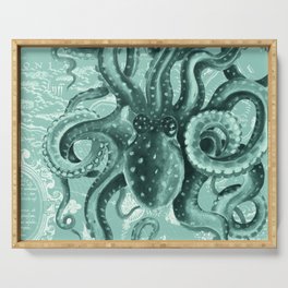 Octopus Green Monochrome Vintage Map Watercolor Nautical Serving Tray