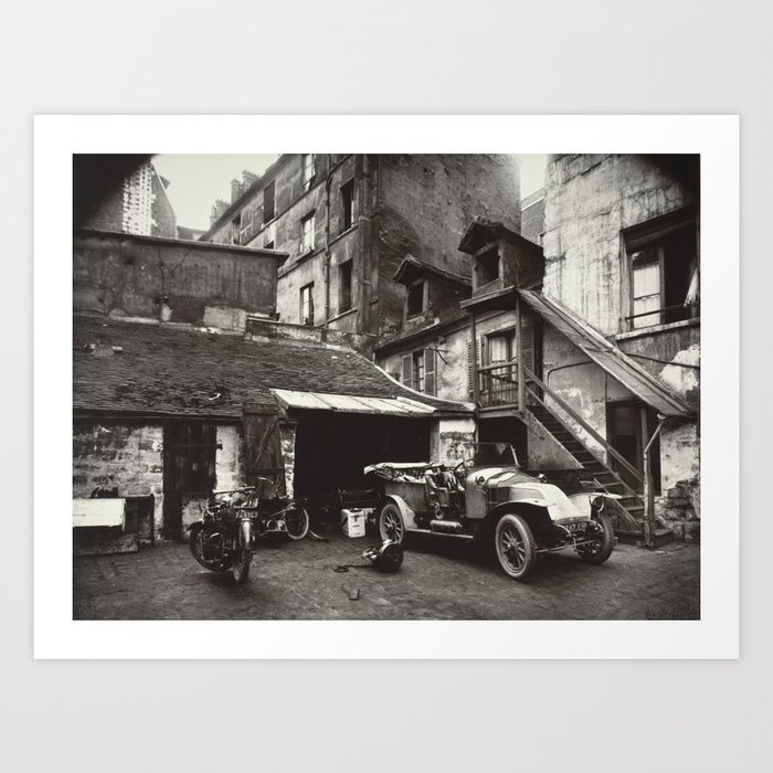 Paris, Left Bank, 1922 motorcycle and automobile at cold-water flat apartment Cour, Rue De Valence vintage black and white photograph Art Print