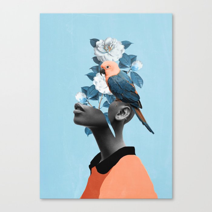 Girl with parrot Leinwanddruck | Collage, Digital, Parrot, Mädchen, Blumen, Woman, Tropisch, Vogel, Lady, Natur