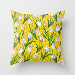 White Tulips & Baby’s Breath  — Yellow Throw Pillow | Botanical, Traditional, Springtime, Drawing, Floralpattern, Sunroom, Babysbreath, Whiteflowers, Wallpaper, Leggings 