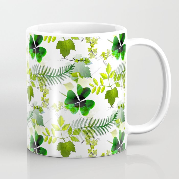 Four-Leaf Clover in Greneery Foliage Pattern Coffee Mug