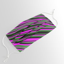 [ Thumbnail: Fuchsia, Forest Green & Black Colored Lines/Stripes Pattern Face Mask ]