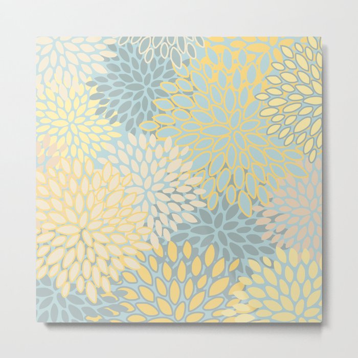 Elegant Blooms: Modern Floral Art in Soft Yellow and Teal Metal Print