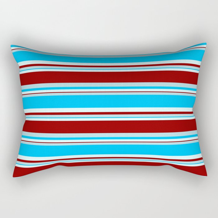 Powder Blue, Deep Sky Blue, Light Cyan & Dark Red Colored Stripes Pattern Rectangular Pillow