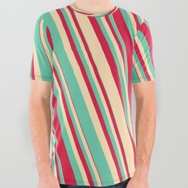 [ Thumbnail: Aquamarine, Crimson, and Beige Colored Striped/Lined Pattern All Over Graphic Tee ]