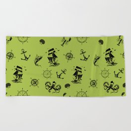 Light Green And Black Silhouettes Of Vintage Nautical Pattern Beach Towel
