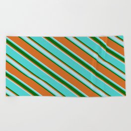 [ Thumbnail: Turquoise, Dark Green, Chocolate & Powder Blue Colored Lines Pattern Beach Towel ]