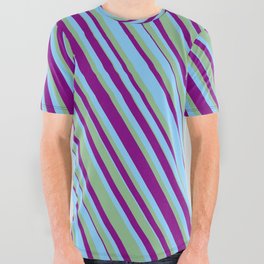 [ Thumbnail: Purple, Light Sky Blue & Dark Sea Green Colored Lined/Striped Pattern All Over Graphic Tee ]