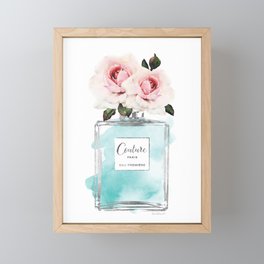 Perfume, watercolor, perfume bottle, with flowers, Teal, Silver, peonies, Fashion illustration, Framed Mini Art Print