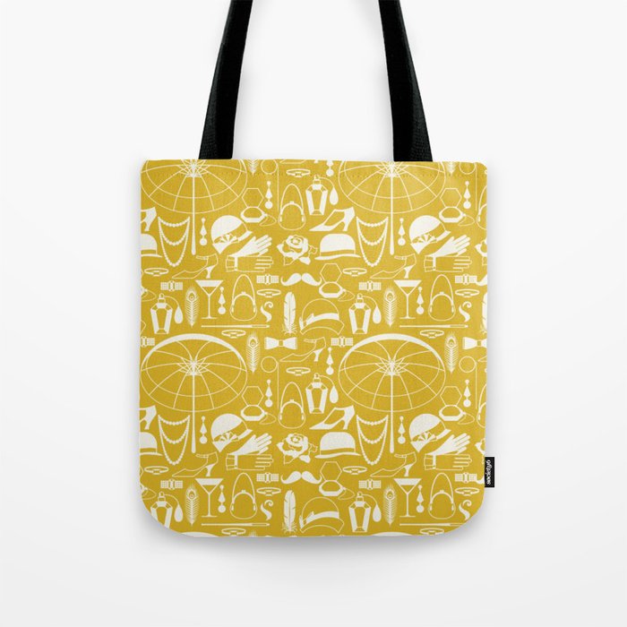White Old-Fashioned 1920s Vintage Pattern on Mustard Yellow Tote Bag