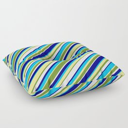 [ Thumbnail: Colorful Blue, Deep Sky Blue, Tan, Green & White Colored Lined Pattern Floor Pillow ]