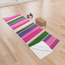 [ Thumbnail: Eye-catching Deep Pink, Dark Slate Blue, Bisque, Hot Pink, and Dark Green Colored Stripes Pattern Yoga Towel ]