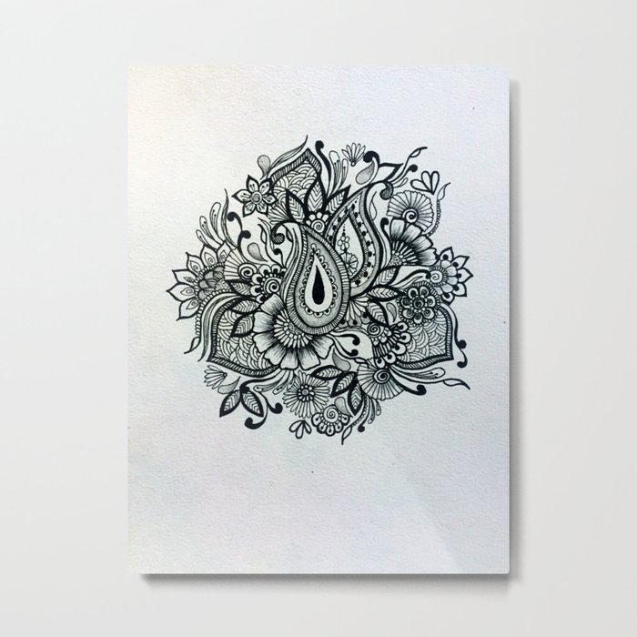 Black and white floral doodle Metal Print