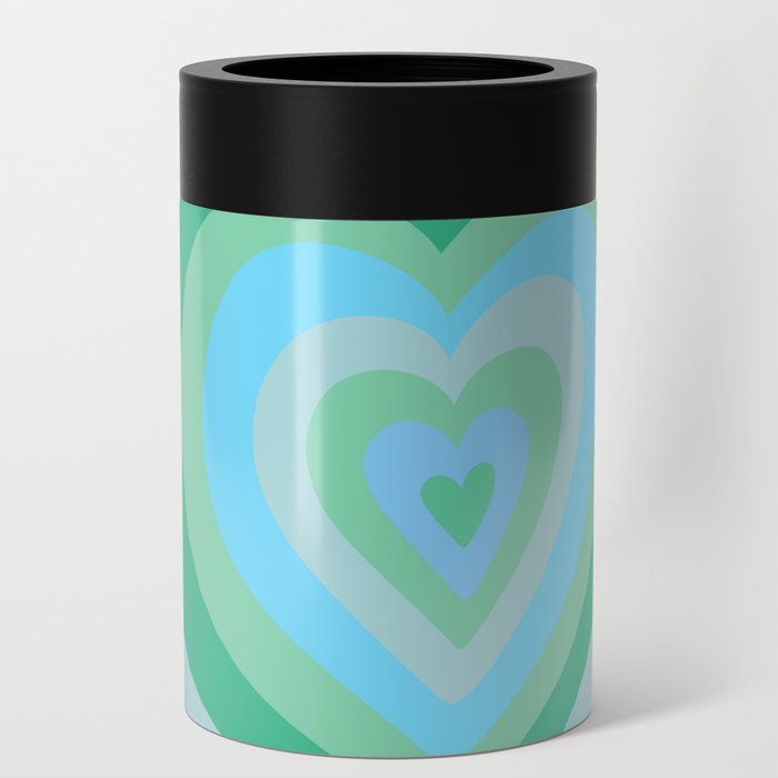 Retro Groovy Love Hearts - neon blue and bright green Can Cooler