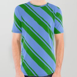 [ Thumbnail: Green and Cornflower Blue Colored Pattern of Stripes All Over Graphic Tee ]