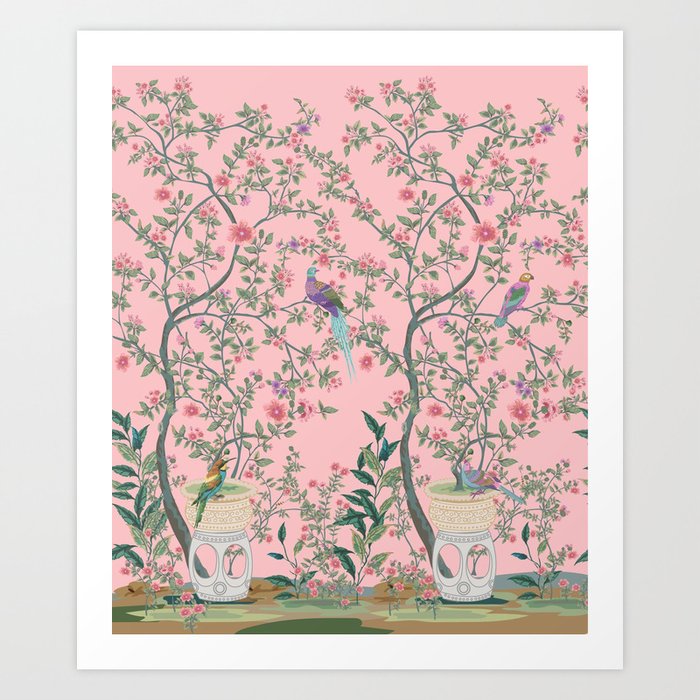 Chinoiserie Pink Fresco Floral Garden Birds Oriental Botanical Art Print
