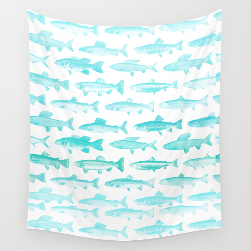 Fishes - Simple pattern in aqua on clear white Wall Tapestry by  simplicity_of_live