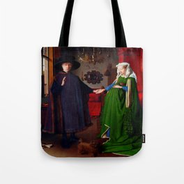 Jan van Eyck (Flemish 1390–1441) - Title: THE ARNOLFINI WEDDING  Portrait of Giovanni Arnolfini and his Wife Giovanna Cenami (Arnolfini Marriage)- Date:1434 - Style: Renaissance - Media: Oil - Digitally Enhanced Version (2000dpi)- Tote Bag