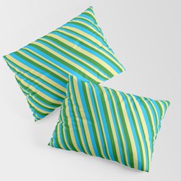 [ Thumbnail: Deep Sky Blue, Tan & Forest Green Colored Striped Pattern Pillow Sham ]
