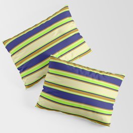 [ Thumbnail: Pale Goldenrod, Light Green, Midnight Blue & Dark Goldenrod Colored Lined/Striped Pattern Pillow Sham ]