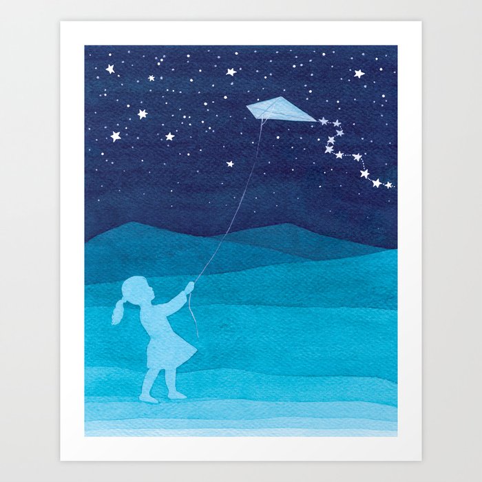 Girl with a kite, blue kids watercolor Art Print